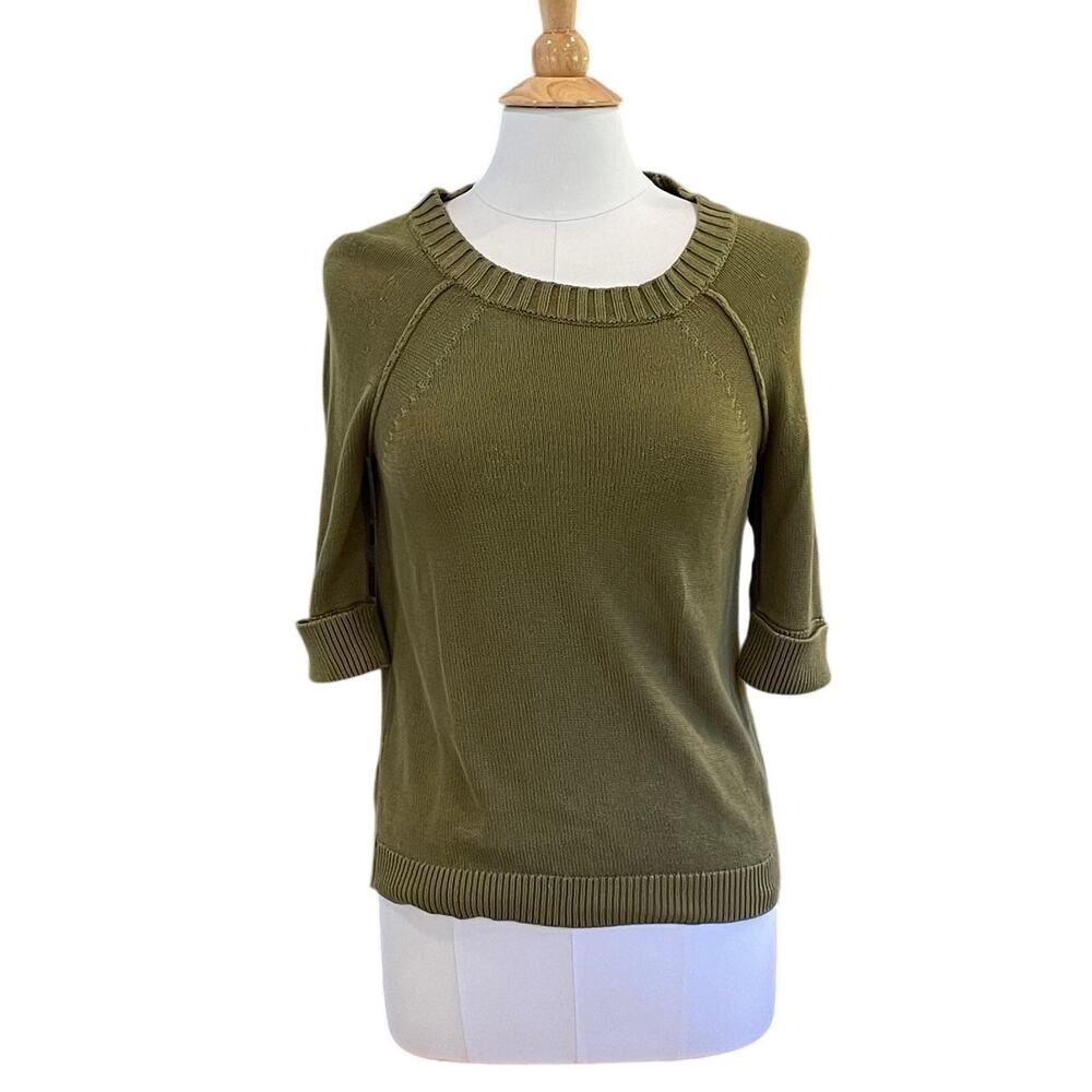 J.Crew Khaki Green Silk Cotton Blend Short Sleeve Sweater, Cuffed Sleeves, S
